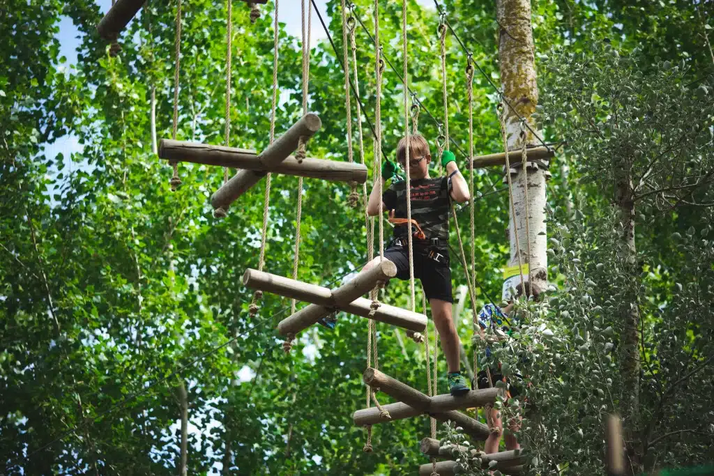Aventure en tyrolienne dans les arbres verts.