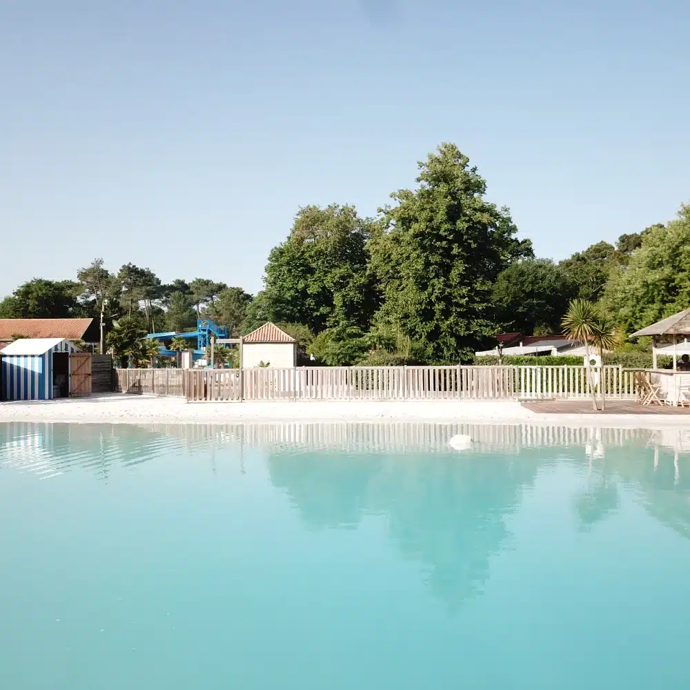 Outdoor pool with cabins and lush green trees.