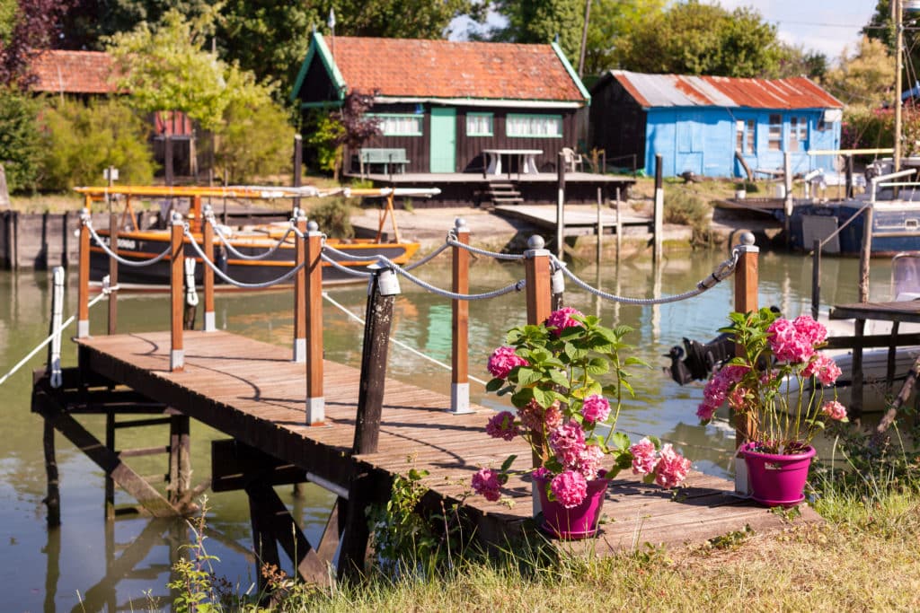 Bord de rivière avec cabanes colorées et fleurs roses.