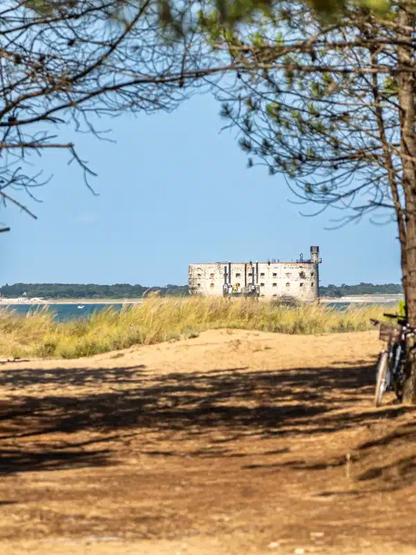Fort Boyard vu à travers des arbres et vélos