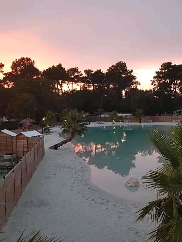 Plage au coucher du soleil avec palmiers.
