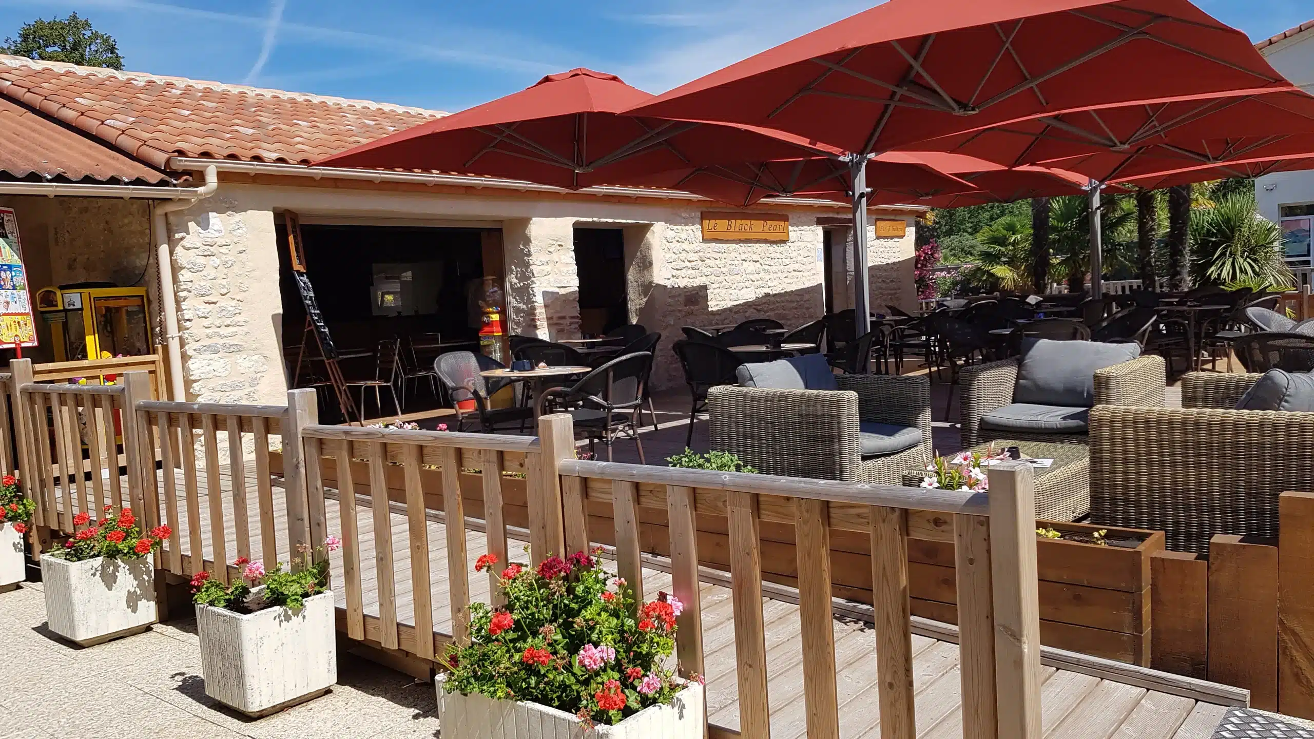 Terrasse ombragée avec chaises en osier et fleurs.
