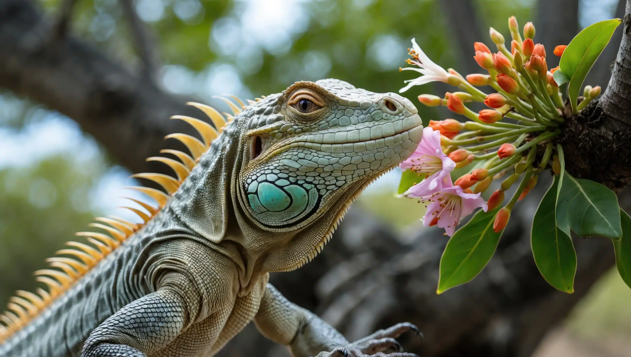Iguane reniflant une fleur rose et orange.