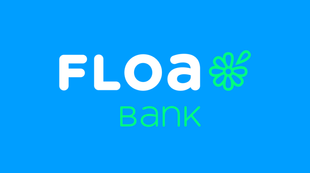 Logo bleu de Floa Bank avec fleur verte.